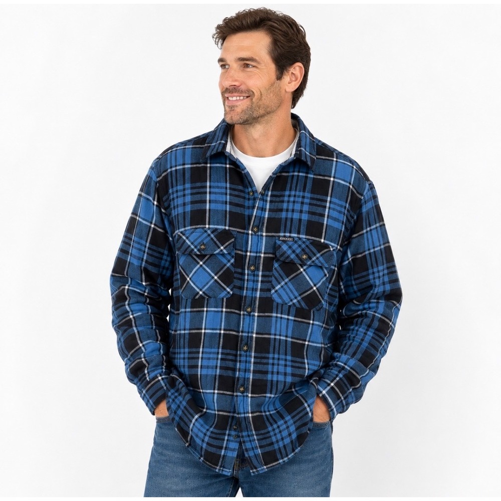 Dickies Mens Blue Plaid Sherpa Lined Flannel Shirt Jacket Medium RN20697